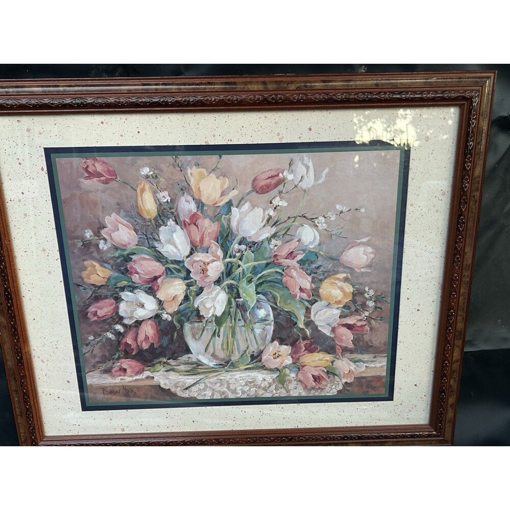 Barbara Mock Wall Art Floral Vase Tulips 22x18 Mixed Media Crewel Cottage Decor
